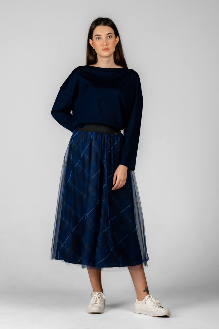 PLAID LACİVERT TÜL ETEK