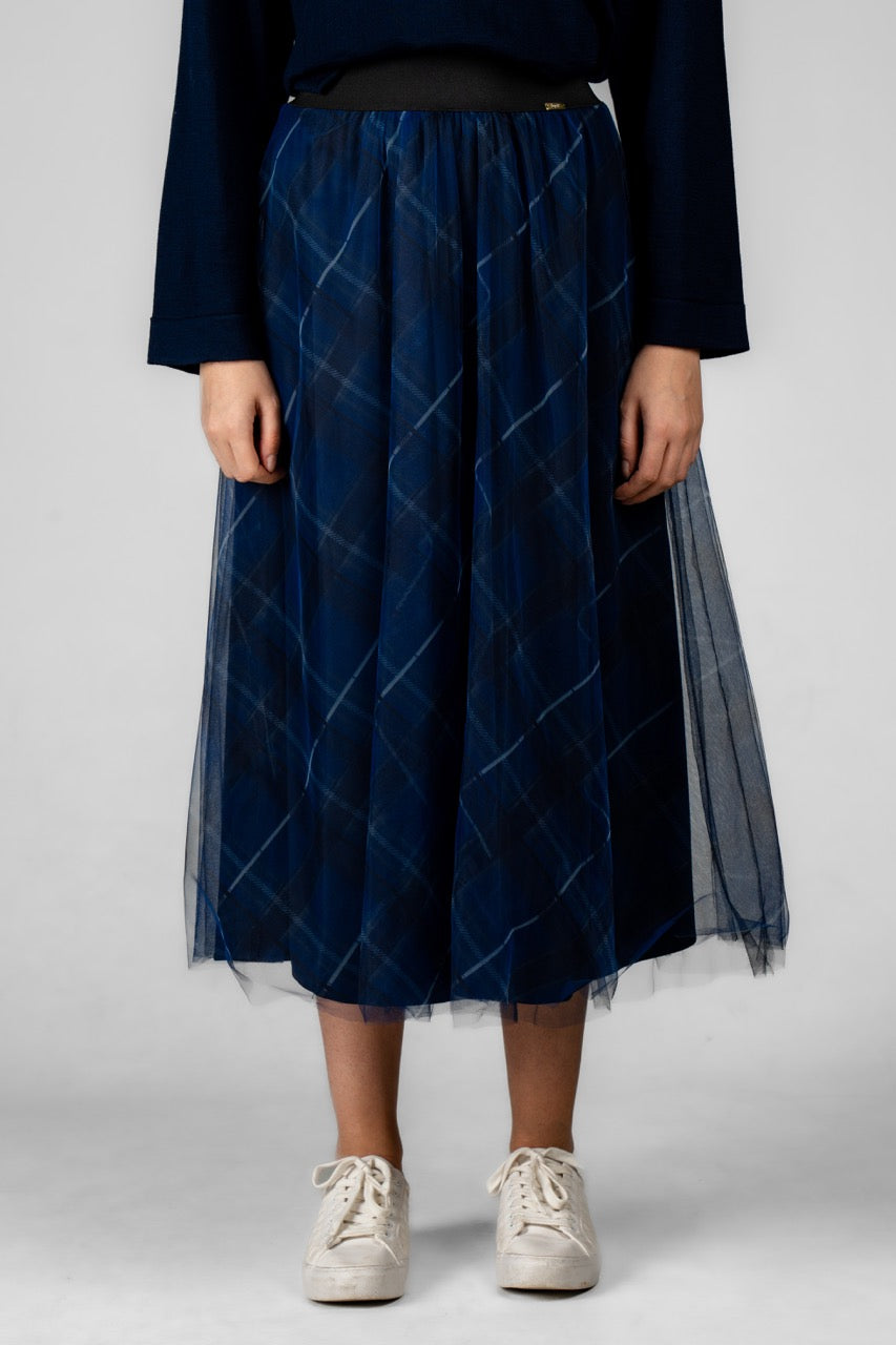 PLAID LACİVERT TÜL ETEK