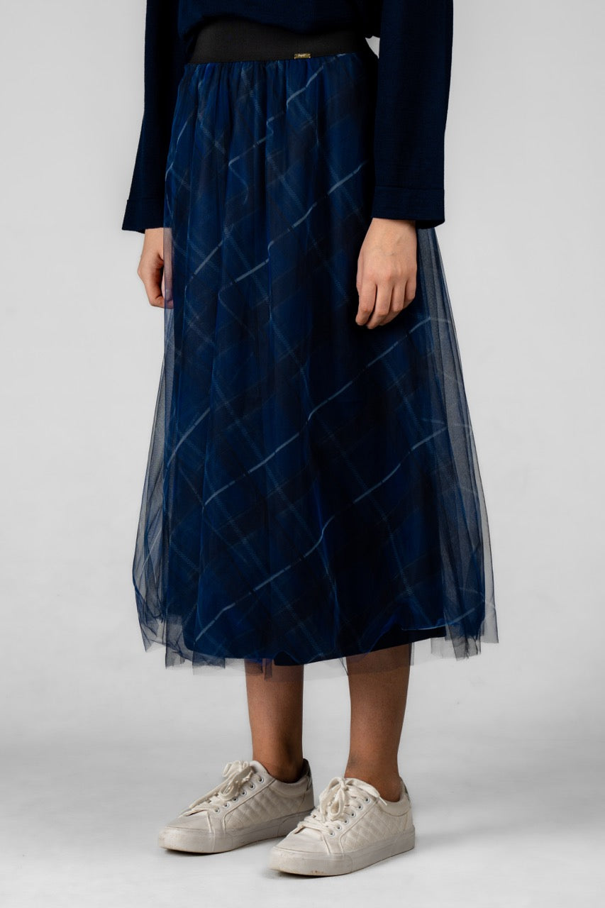 PLAID LACİVERT TÜL ETEK