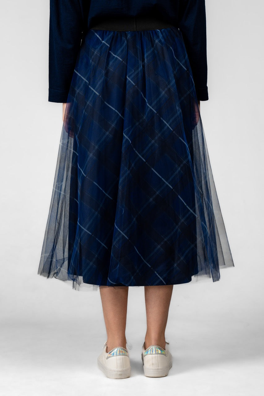 PLAID LACİVERT TÜL ETEK