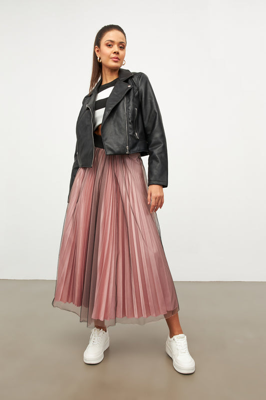 PLEATED PINK TULLE SKIRT