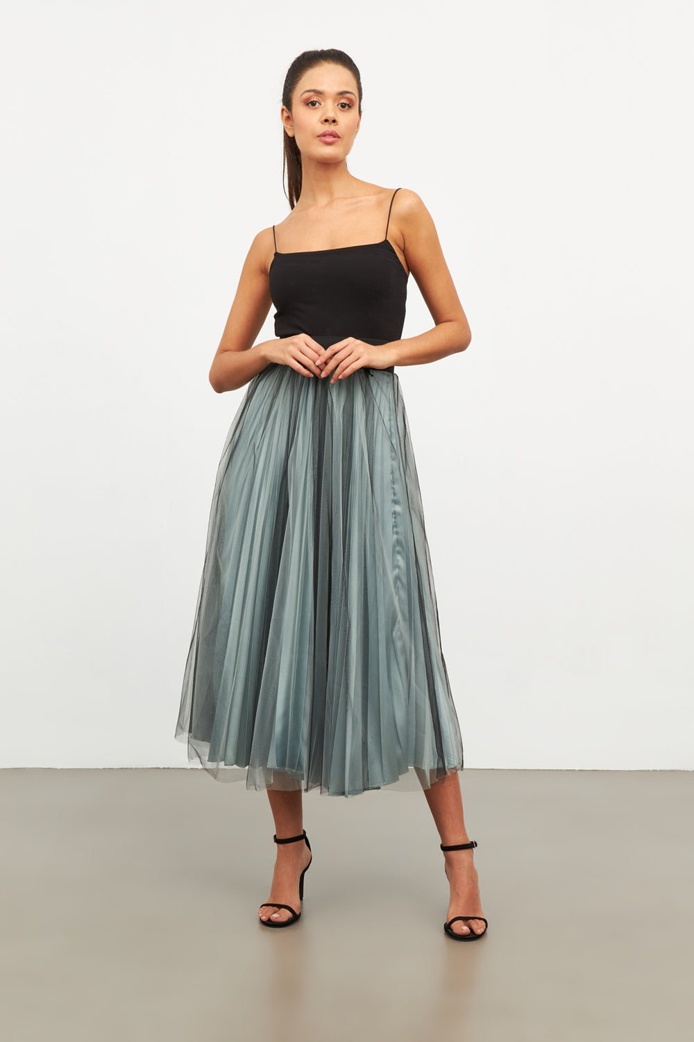 Green pleated outlet tulle skirt